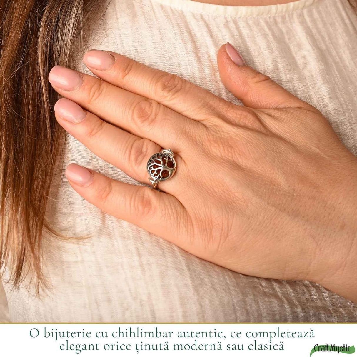 Inel Argint 925 cu Chihlimbar Coniac si Arborele Vietii – Echilibrusi Energie Calda
