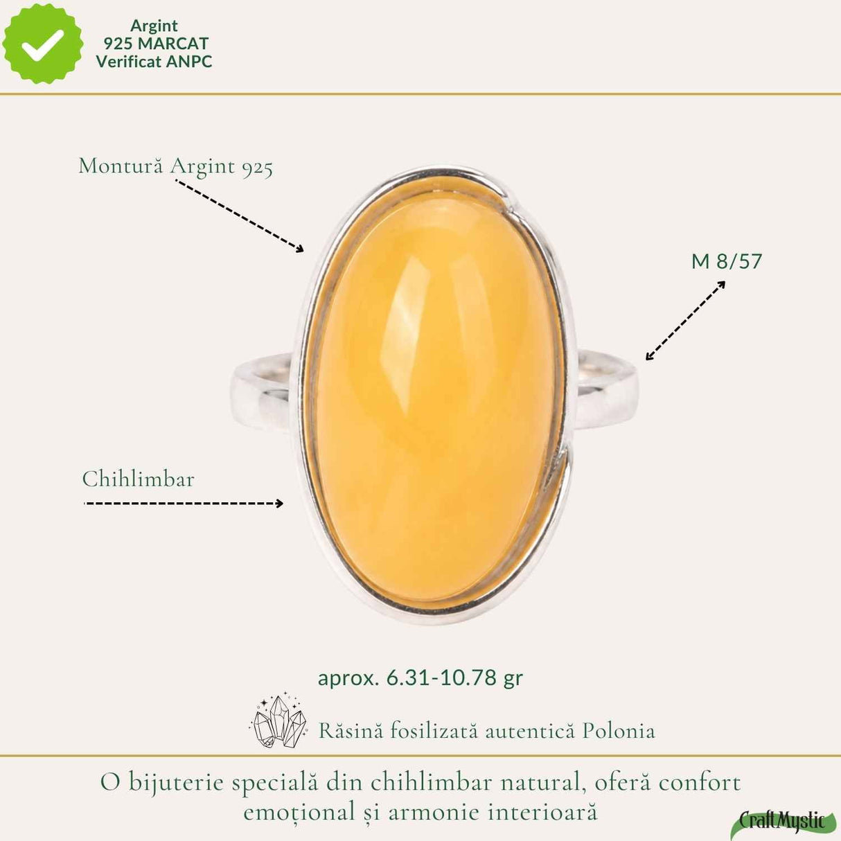 Inel Argint 925 cu Chihlimbar Galben Oval – Eleganta Calda si Energie Pozitiva