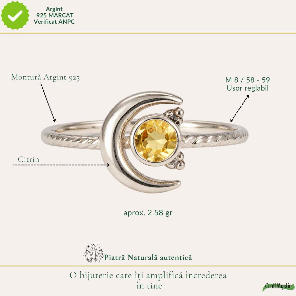 Inel argint 925 cu Citrin semiluna si soare – energie si echilibru interior