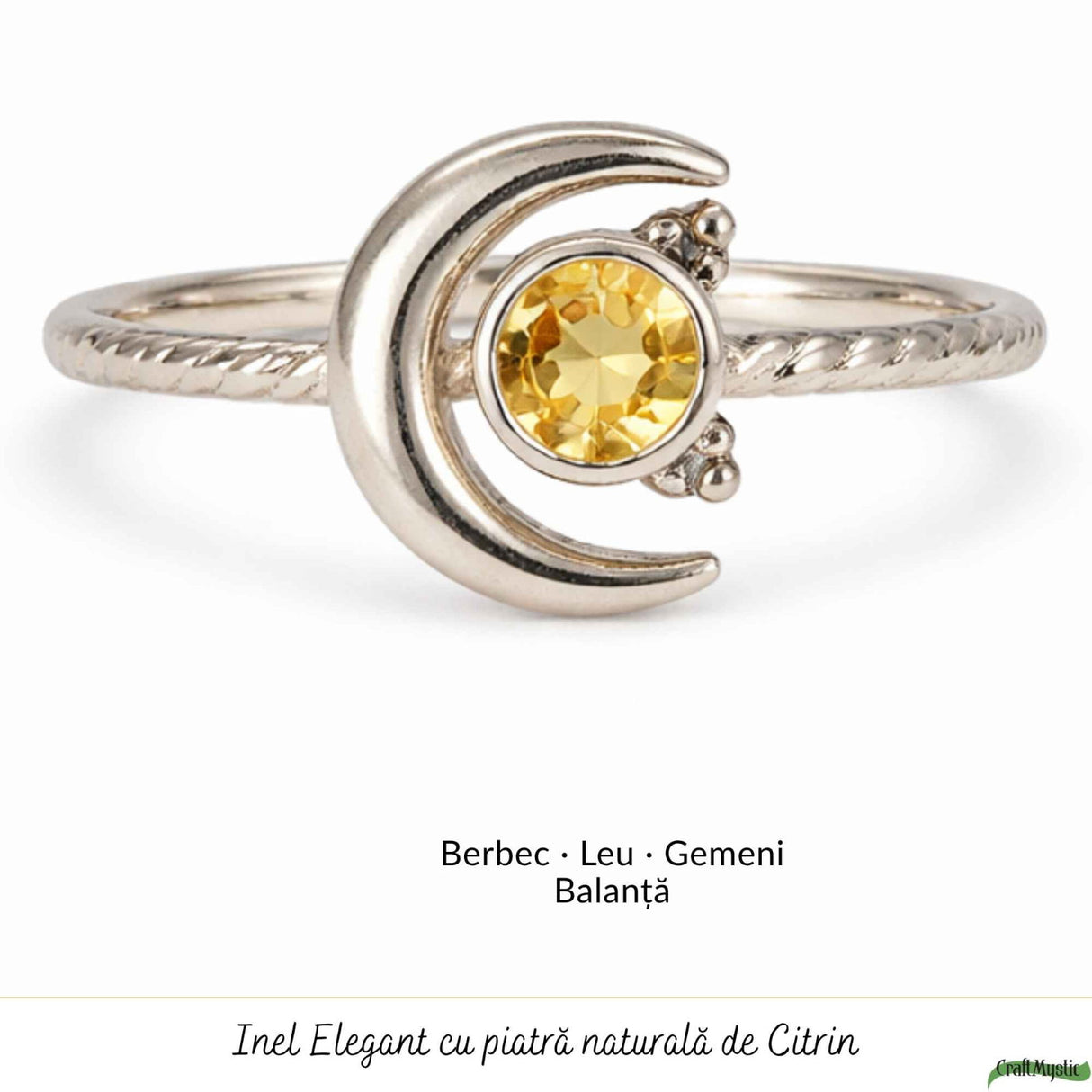 Inel argint 925 cu Citrin semiluna si soare – energie si echilibru interior