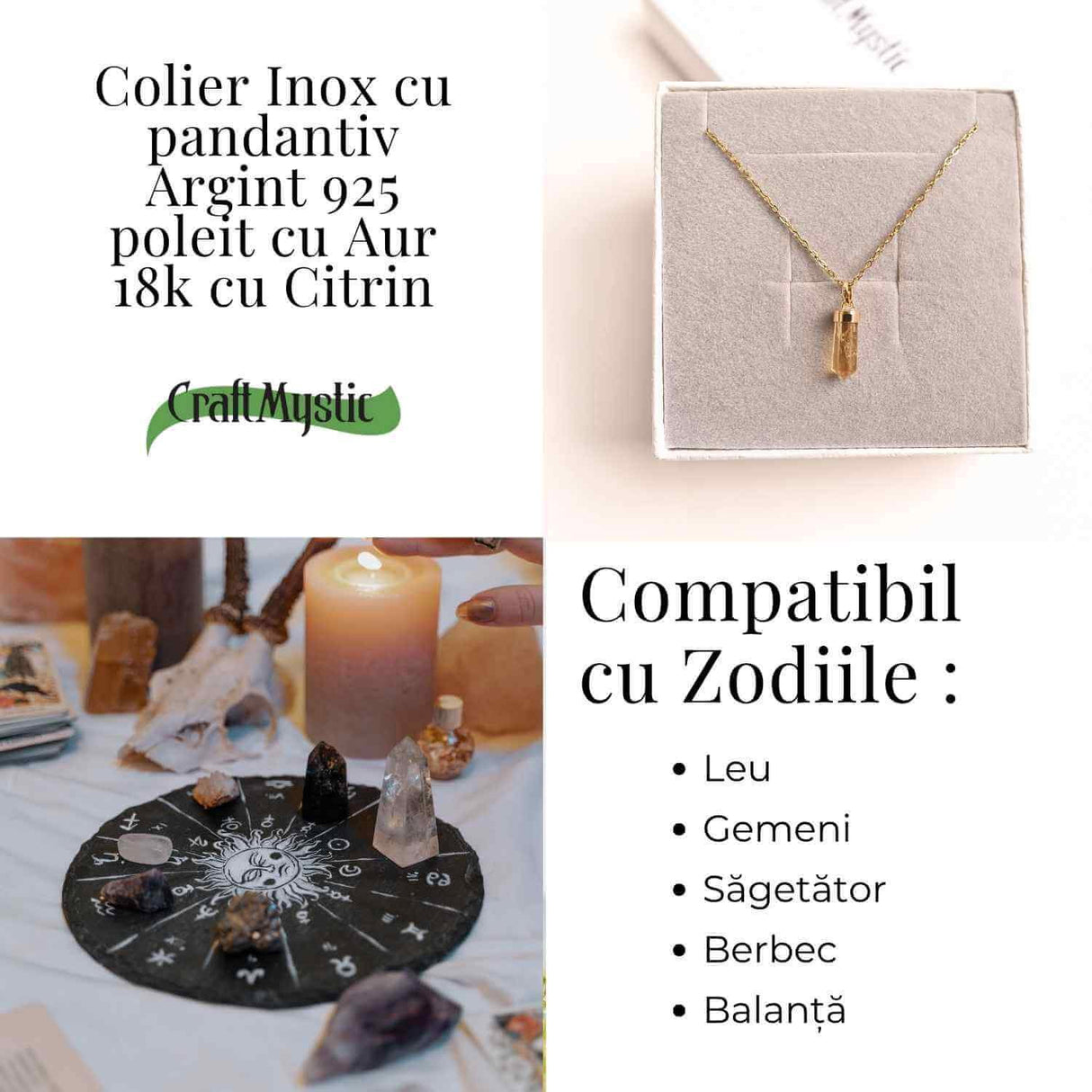 Colier Citrin Turnulet montura argint 925 placat cu aur de 18k si lant inox - Claritate Mentala si Energie Pozitiva