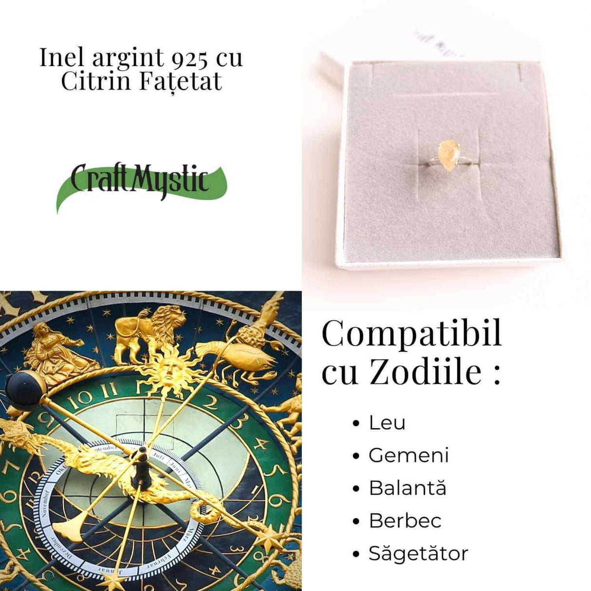 Inel ajustabil Argint 925 cu Citrin Fatetat - Abundenta si Energie Pozitiva in Fiecare Zi
