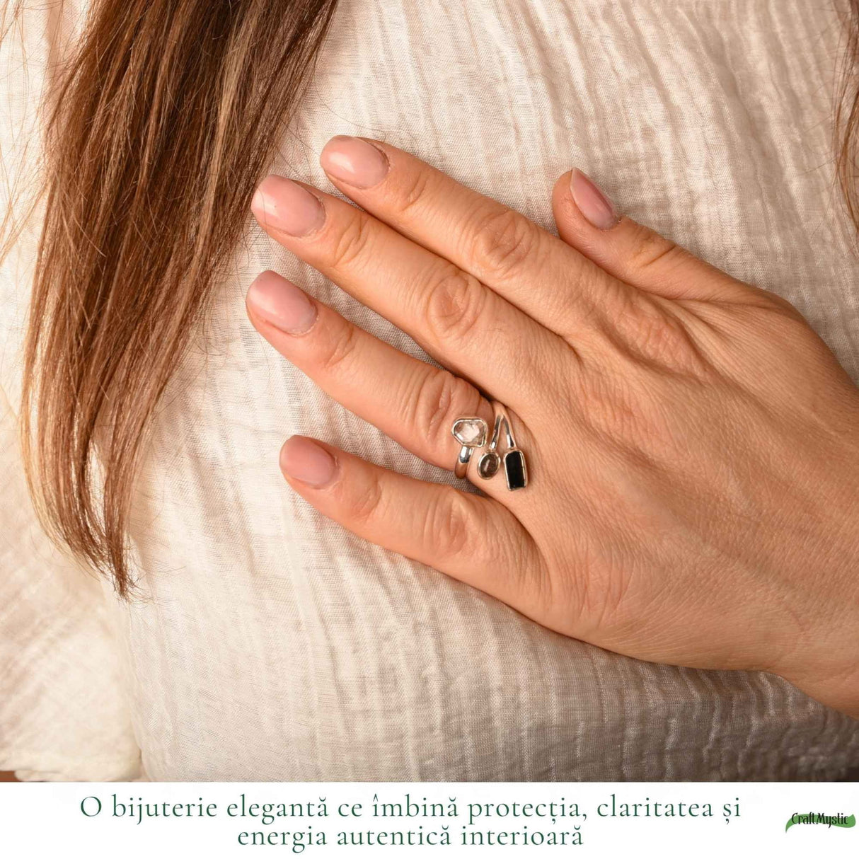 Inel Argint 925 cu Turmalina Neagra, Herkimer si Cuart Rutilat – Protectie si Claritate