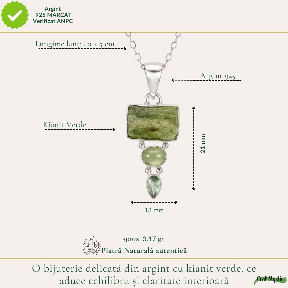 Colier Argint 925 cu Triplu Kianit Verde – Echilibru si Claritate Interioara