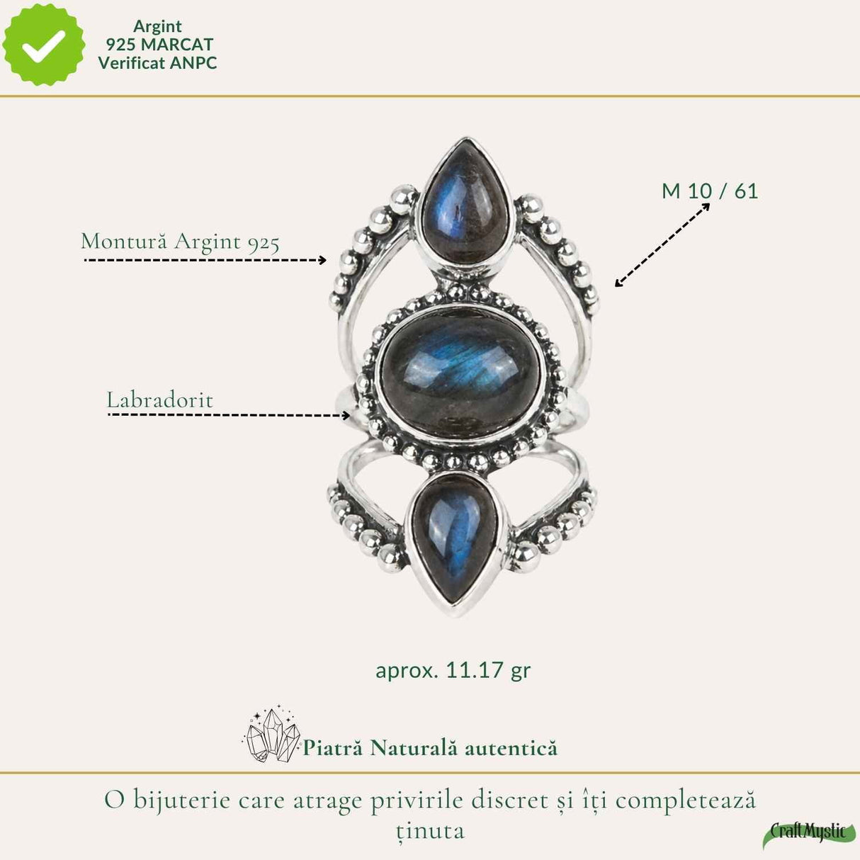 Inel argint 925 cu Labradorit floare – protectie si mister feminin