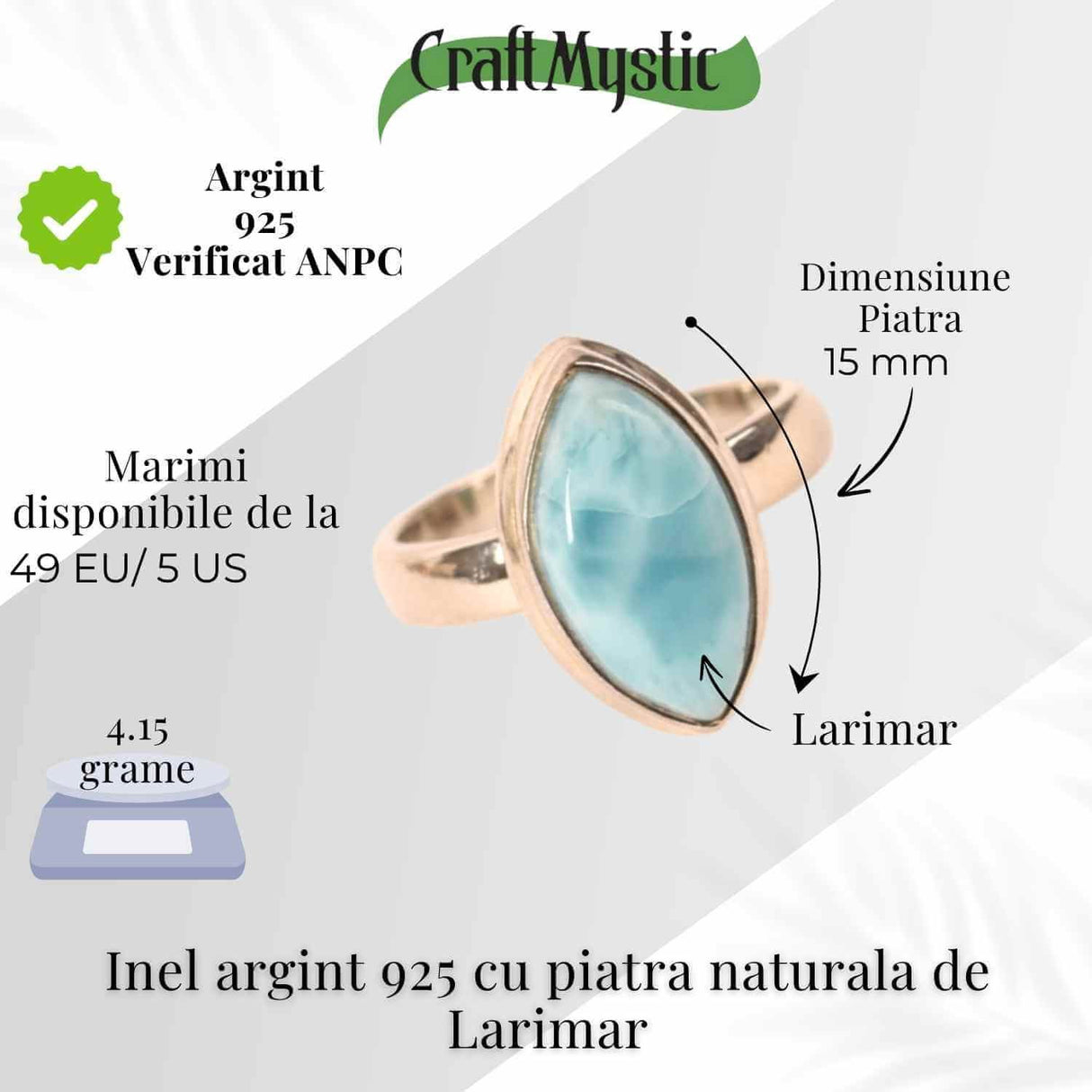 Inel Argint 925 cu Larimar forma delica Marime 49 (EU) / 5 (US) - Claritate si Protectie Interioara