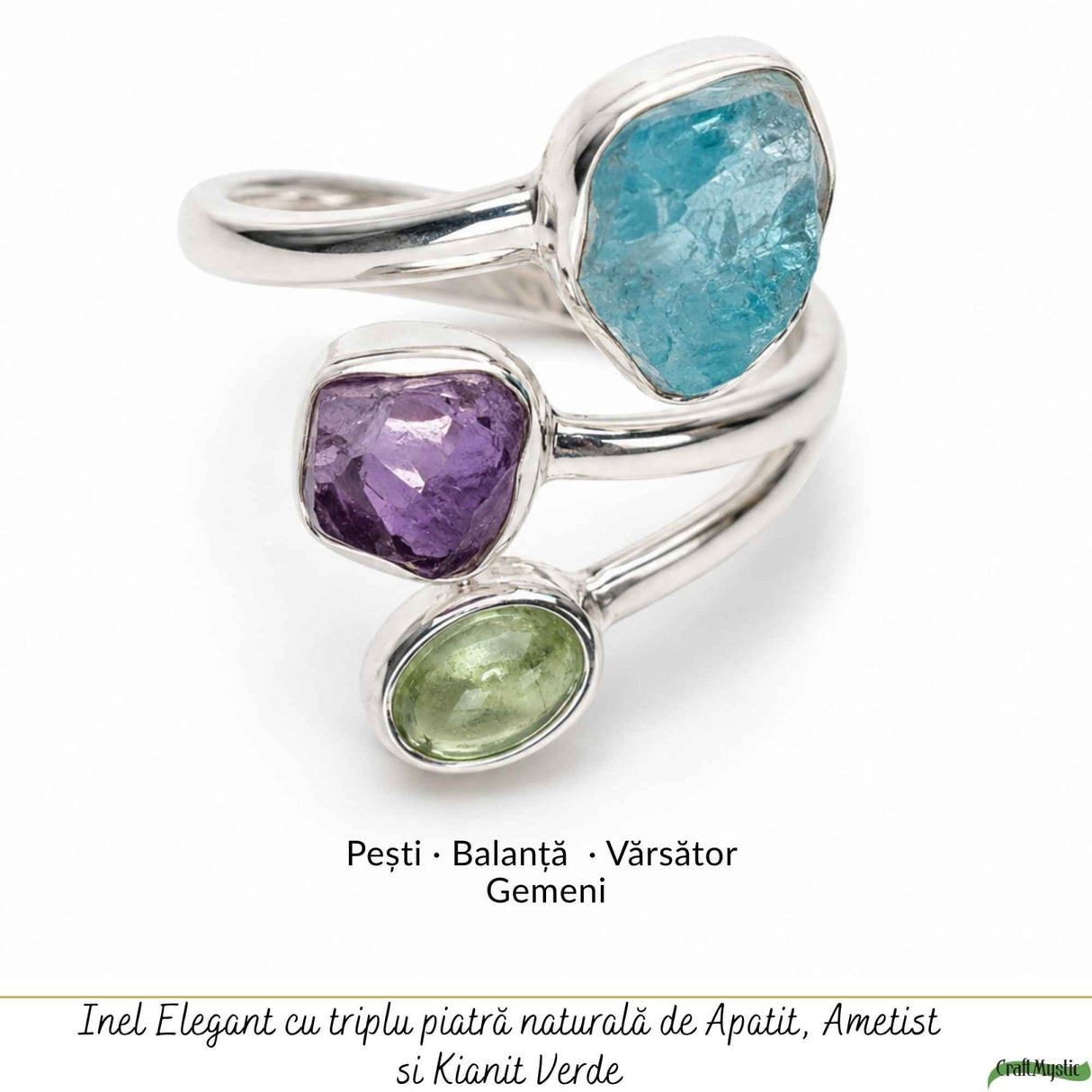 Inel Argint 925 cu Apatit, Ametist si Kianit Verde – Echilibru si Claritate