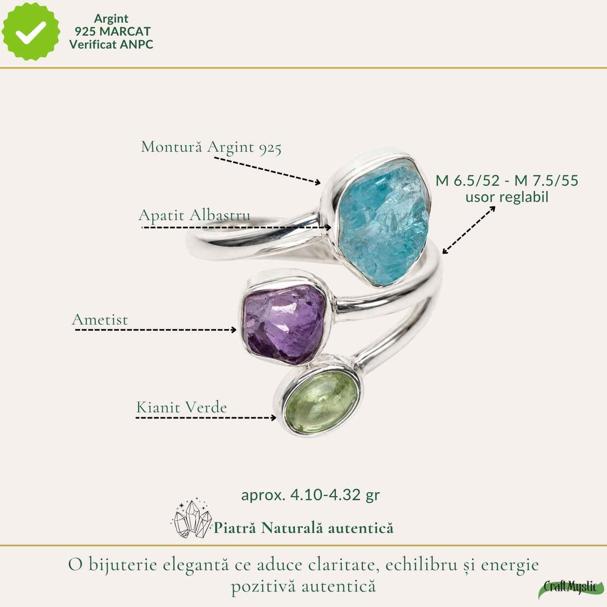 Inel Argint 925 cu Apatit, Ametist si Kianit Verde – Echilibru si Claritate
