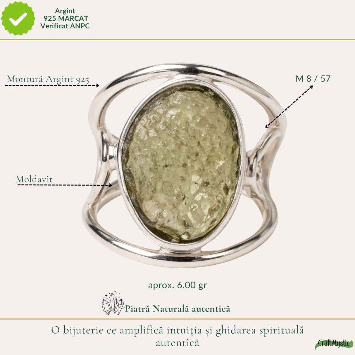 Inel Argint 925 cu Moldavit Brut Floare – Transformare si Energie