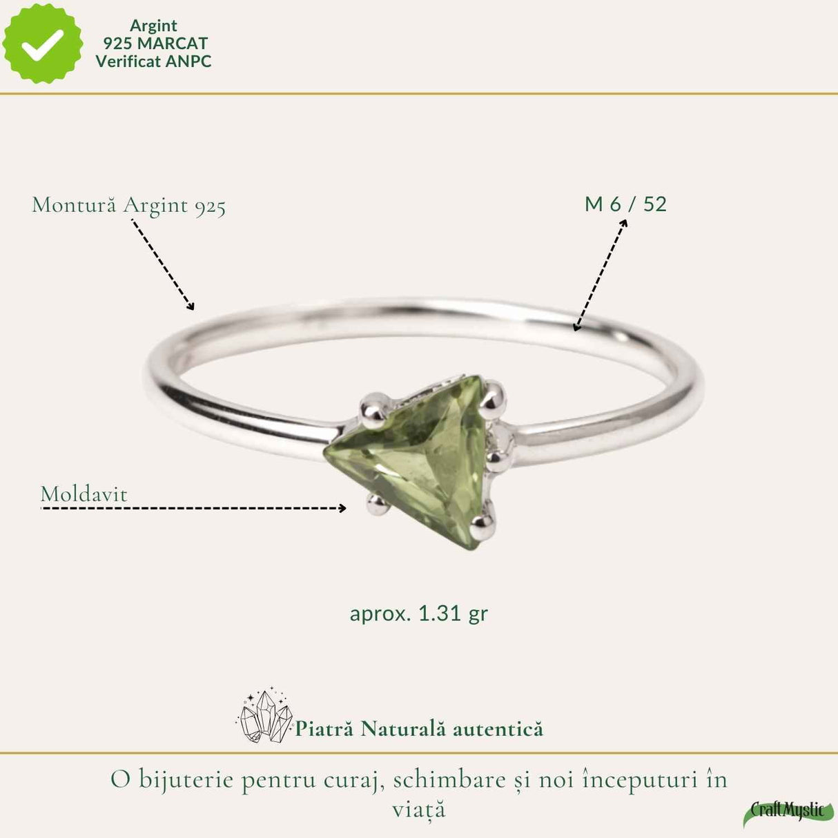 Inel Argint 925 cu Moldavit Fatetat Triunghi – Claritate si Energie