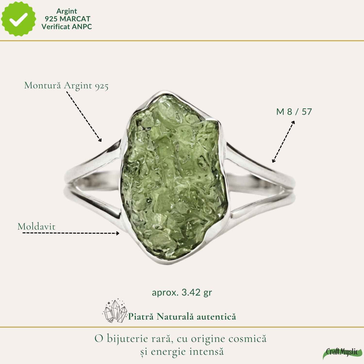 Inel din Argint 925 cu Piatra Naturala Moldavit, M8/57 – Protectie si Evolutie Interioara