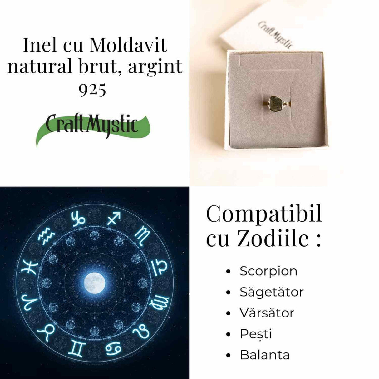 Inel argint 925 cu Moldavit natural brut Marime 54-55/7- Bijuterie rara, energie cosmica