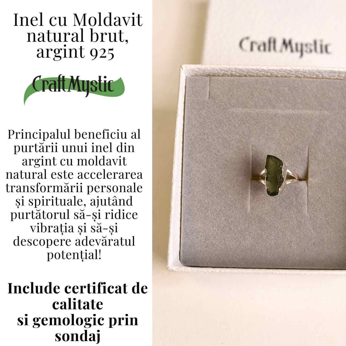 Inel argint 925 cu Moldavit natural brut Marime 54-55/7- Bijuterie rara, energie cosmica
