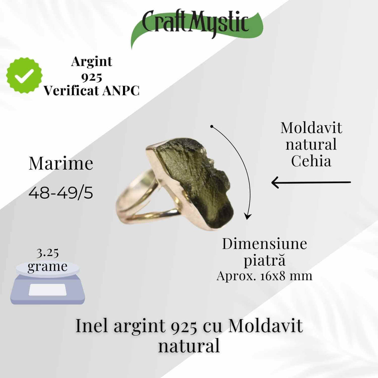 Inel argint 925 cu Moldavit natural brut Marime 48-49 (EU) / 5 (US) - Piatra transformarii spirituale
