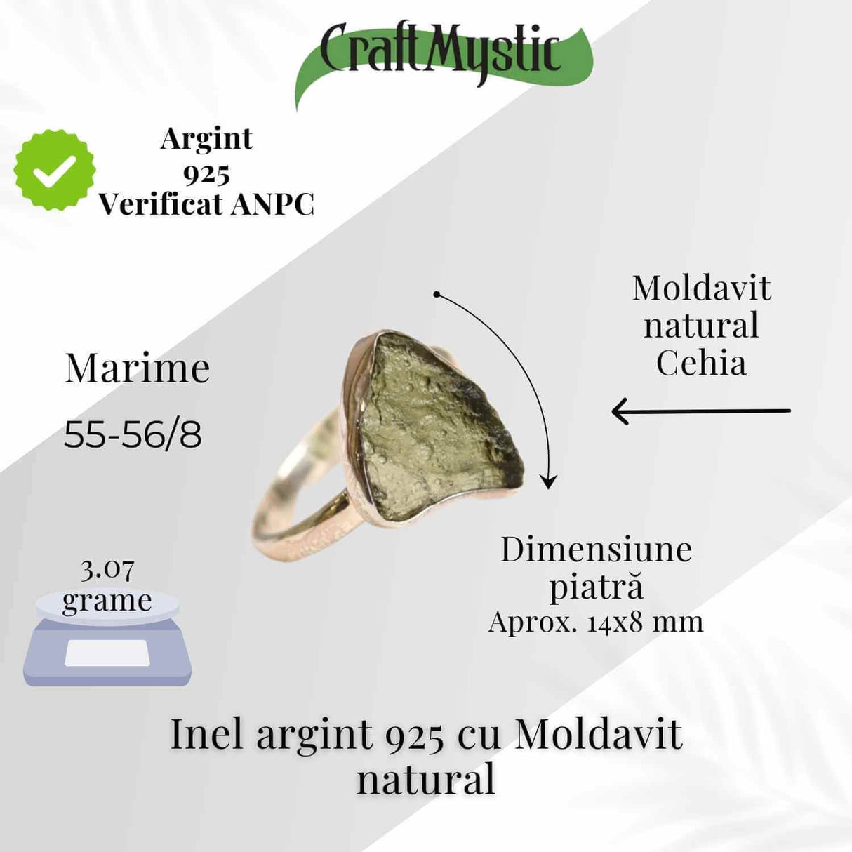 Inel argint 925 cu Moldavit natural brut Marime 55-56 (EU) / 8 (US) - Piatra transformarii spirituale