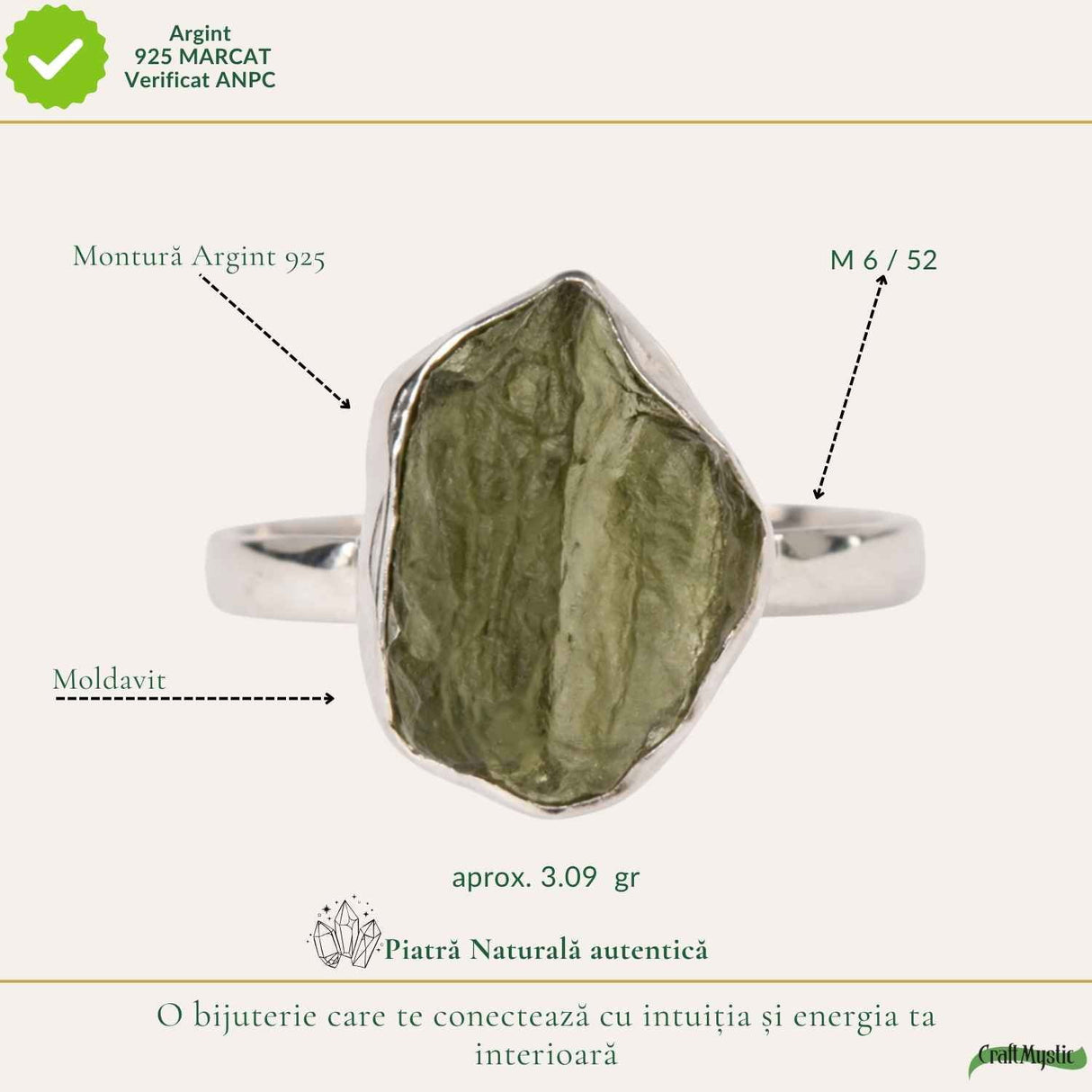 Inel Argint 925 cu Moldavit Autentic, M6/52 – Energie Puternica si Crestere Spirituala