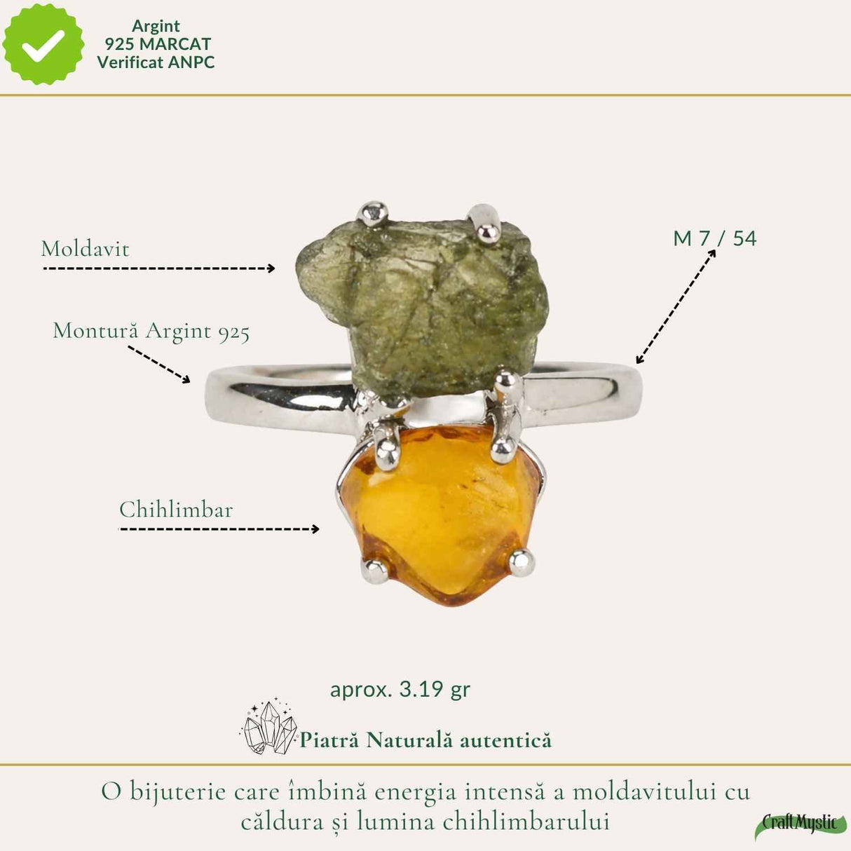 Inel argint 925 cu Moldavit si Chihlimbar – echilibru si energie calda