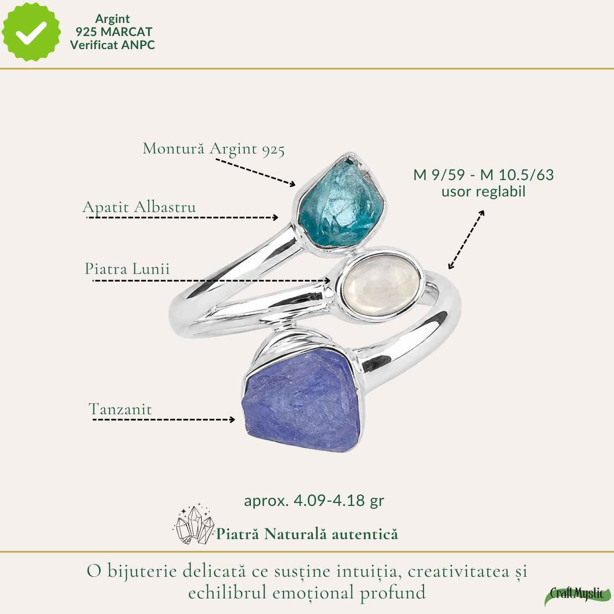 Inel Argint 925 cu Tanzanit, Piatra Lunii si Apatit Albastru – Intuitie si Armonie