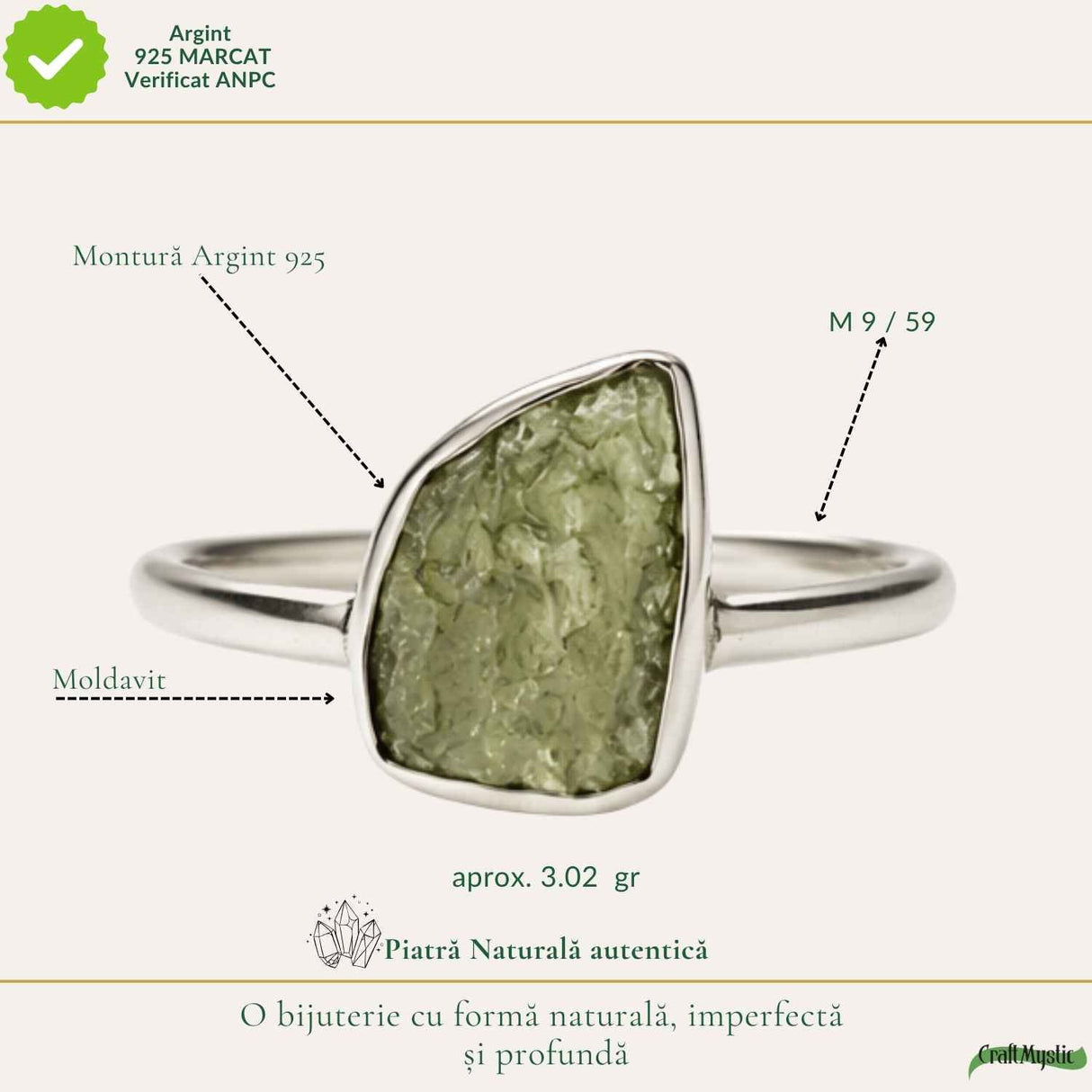 Inel Argint 925 cu Moldavit Natural, M9/59 – Piatra Transformarii si Protectiei