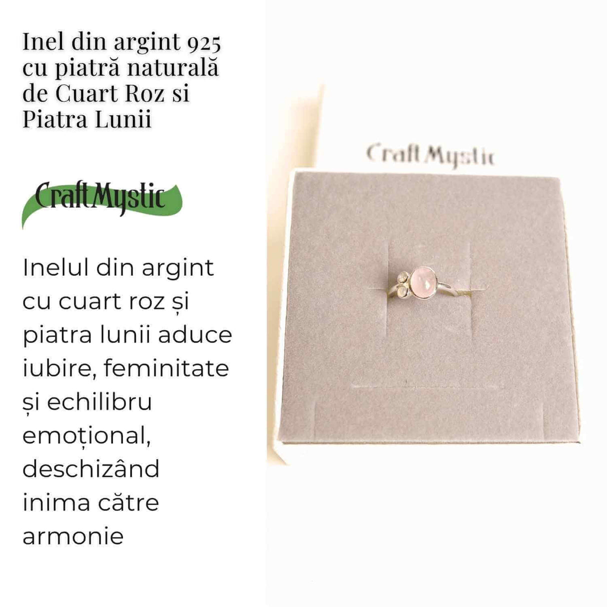 Inel argint 925 cu Cuart Roz si Piatra Lunii - Armonie si Iubire Divina