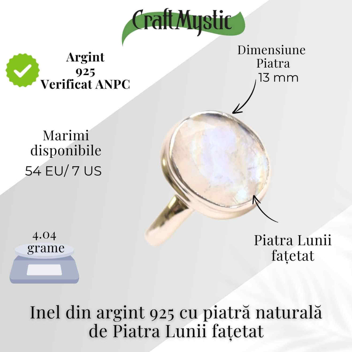 Inel Argint 925 cu Piatra Lunii Fatetata Oval- Lumina Interioara si Echilibru Emotional