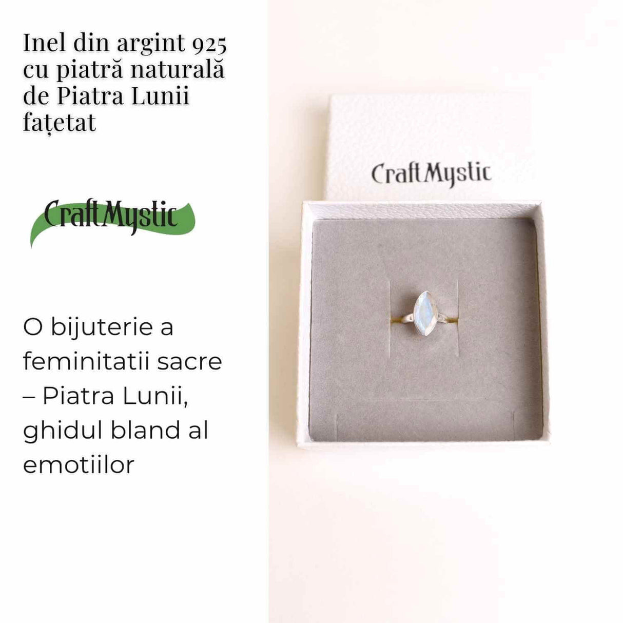 Inel Argint 925 cu Piatra Lunii Fatetata Marquise - Lumina Intuitiei si Echilibrului Interior