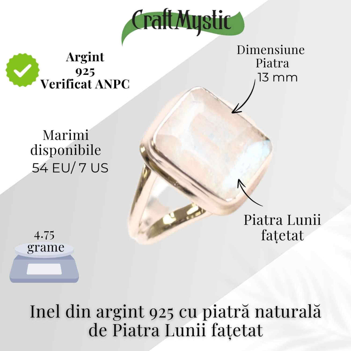 Inel Argint 925 cu Piatra Lunii Fatetata Dreptunghiulara - Echilibru Emotional si Claritate Interioara
