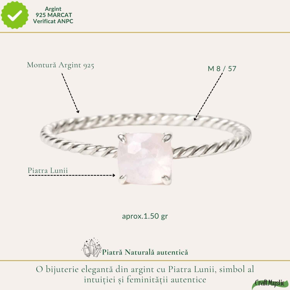 Inel argint 925 rasucit piatra lunii patrata – intuitie si echilibru
