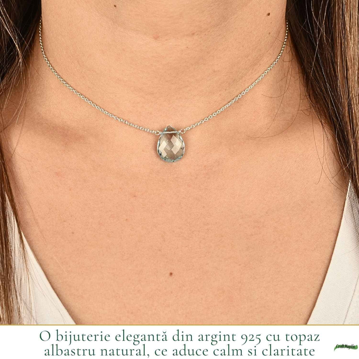 Colier argint 925 cu topaz albastru lacrima – calm si claritate interioara