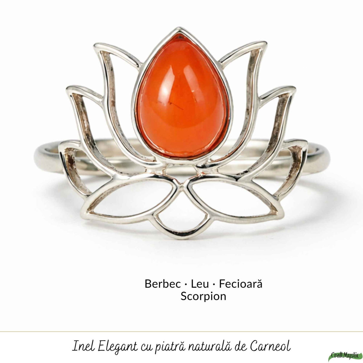 Inel argint 925 cu piatra naturala de Carneol model floare de lotus – Energie si incredere feminina