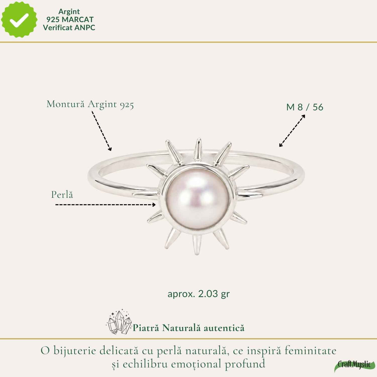 Inel Argint 925 cu Perla si Soare – Feminitate Luminoasa si Energie Pozitiva