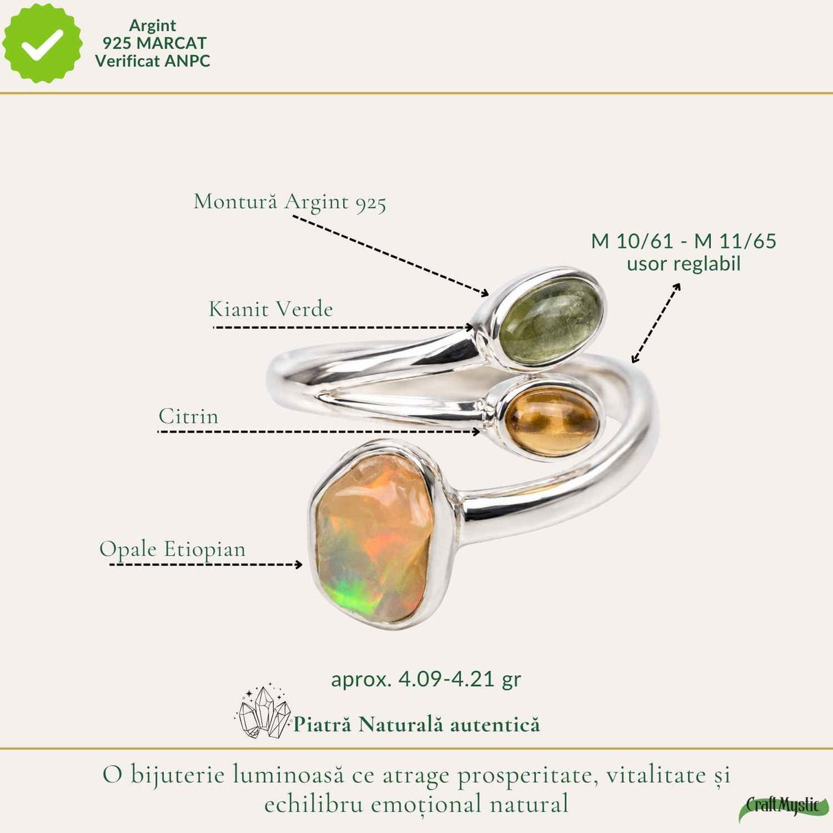 Inel Argint 925 cu Opal, Citrin si Kianit Verde – Prosperitate si Echilibru