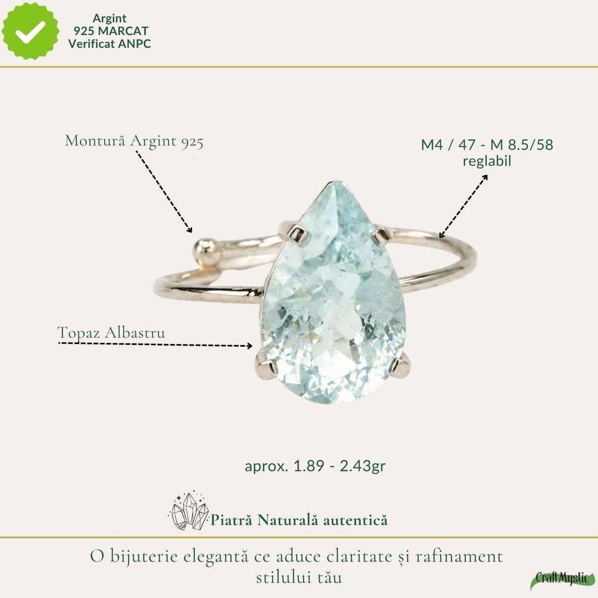 Inel argint 925 cu Topaz Albastru lacrima – calm si claritate interioara