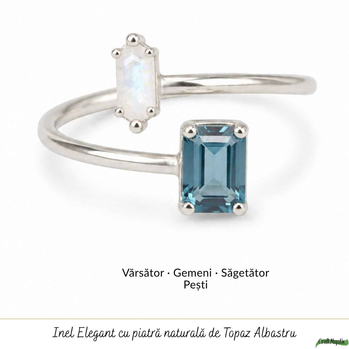 Inel argint 925 cu Topaz Albastru si Piatra Lunii dreptunghi – echilibru si claritate