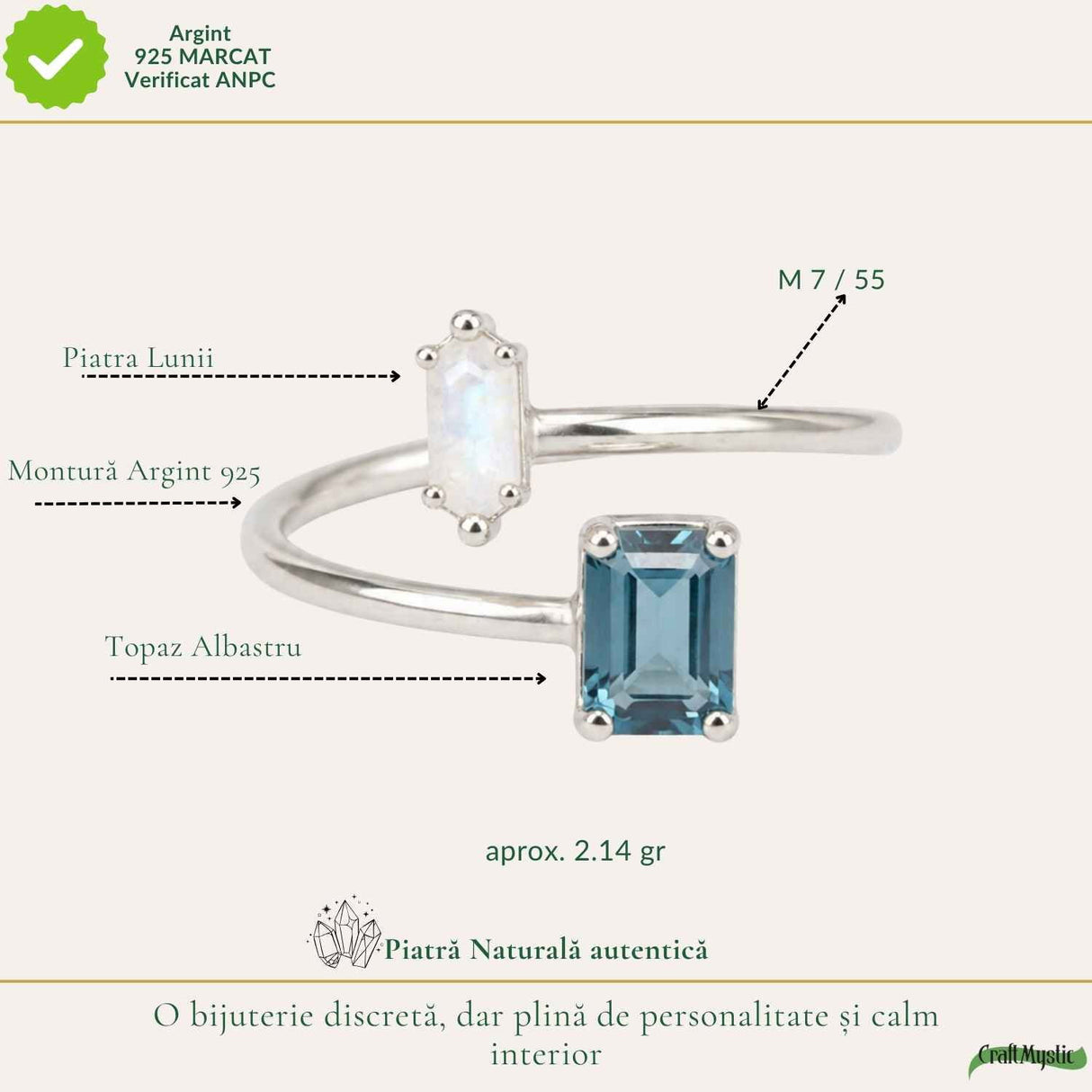 Inel argint 925 cu Topaz Albastru si Piatra Lunii dreptunghi – echilibru si claritate