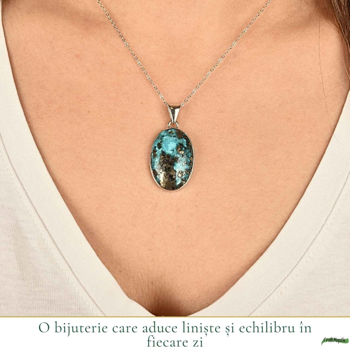 Colier argint 925 cu Turcoaz si Pirita oval – Protectie si incredere interioara