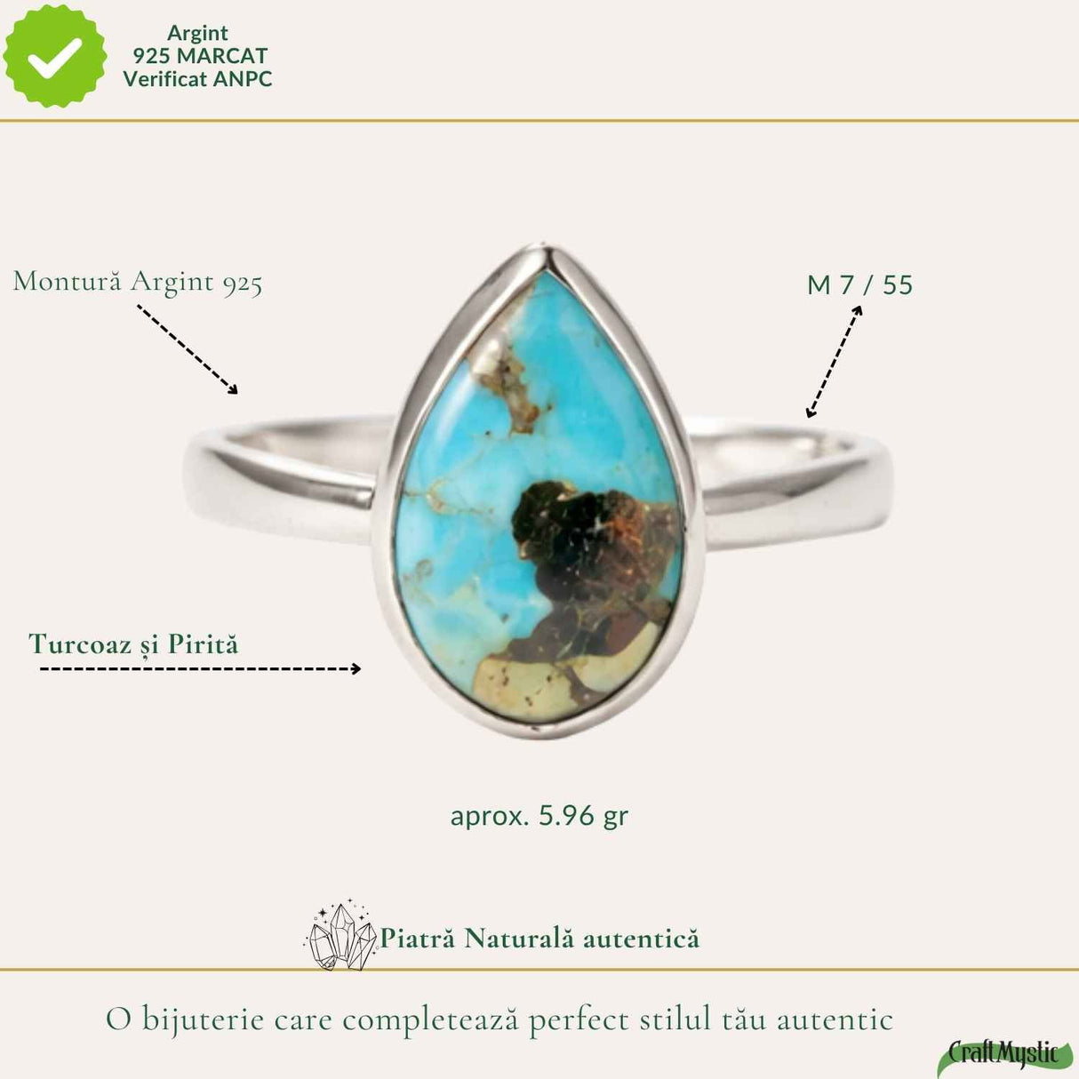 Inel Argint 925 cu Turcoaz si Pirita Lacrima – Protectie si Echilibru