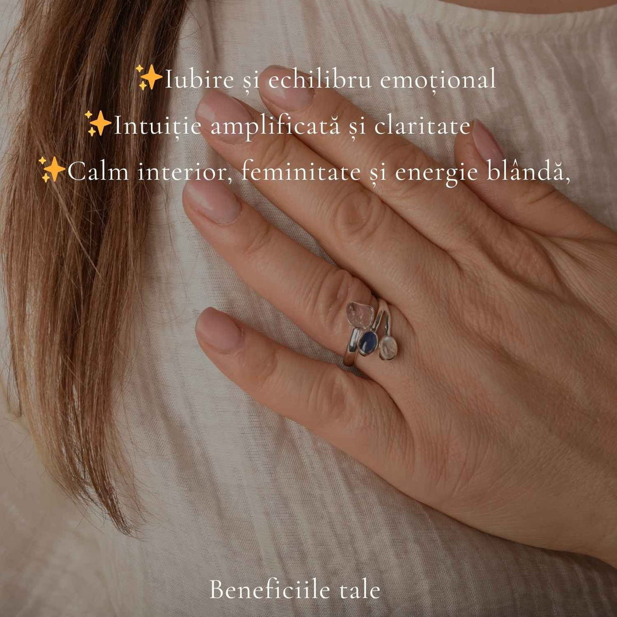 Inel Argint 925 cu Cuart Roz, Kianit Albastru si Piatra Lunii – Iubire si Echilibru