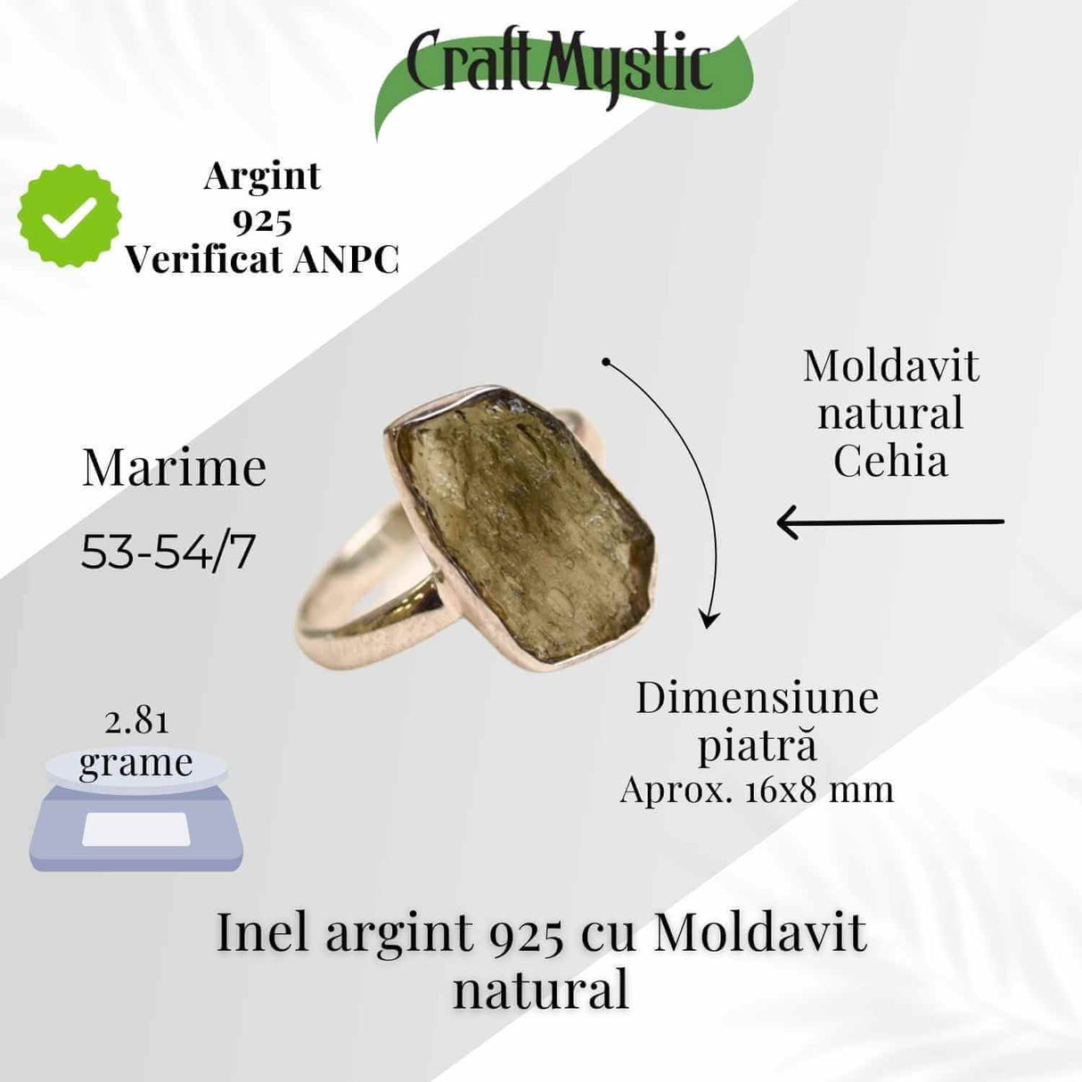 Inel argint 925 cu Moldavit natural brut Marime M52-53/6 - Piatra transformarii spirituale