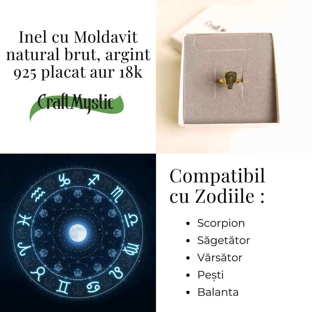 Inel argint 925 placat aur 18k cu Moldavit natural brut Marime 53-54 (EU) / 7 (US) - Piatra transformarii si protectiei