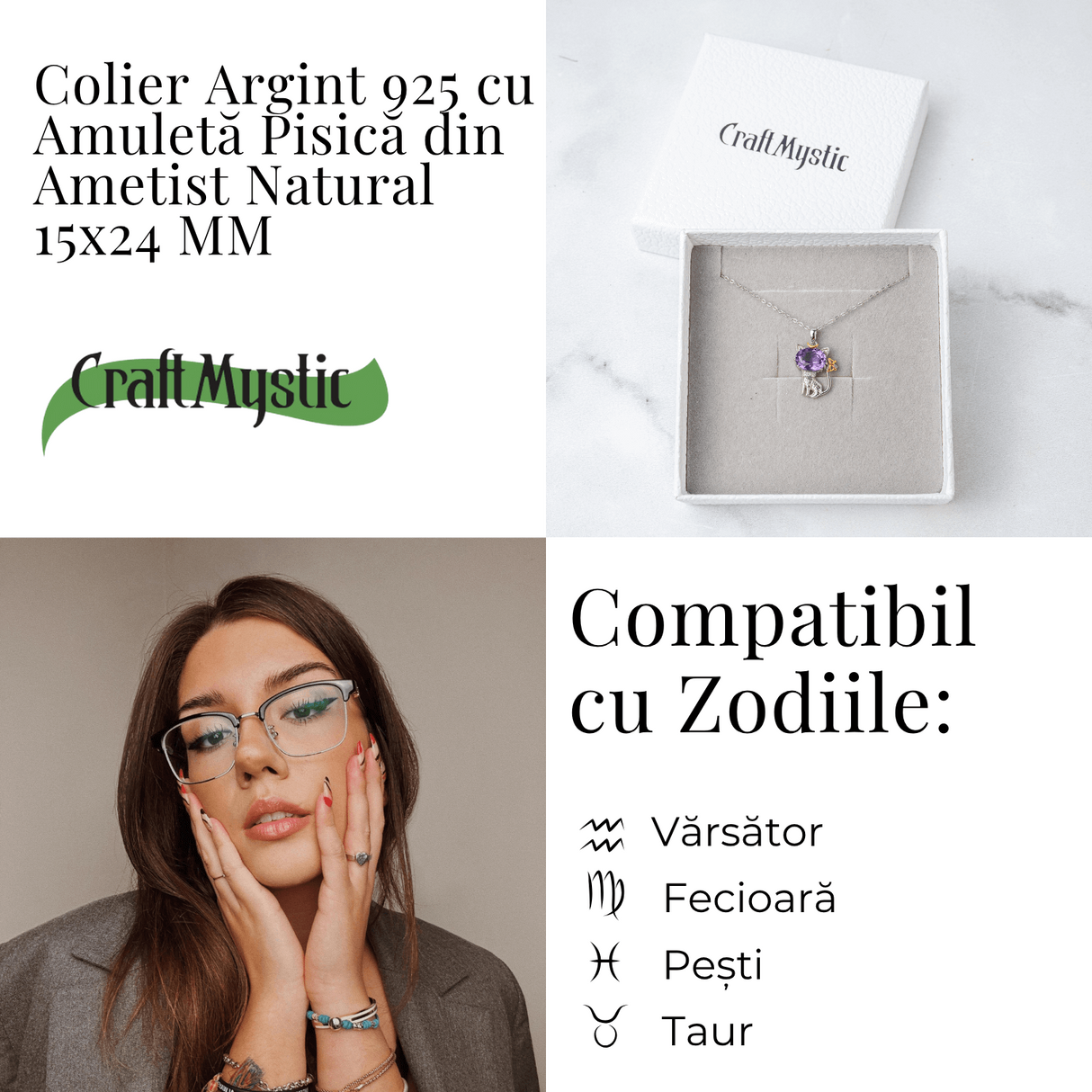 Colier Argint 925 cu Ametist Natural in Forma de Pisica - Claritate Spirituala si Protectie Energetica