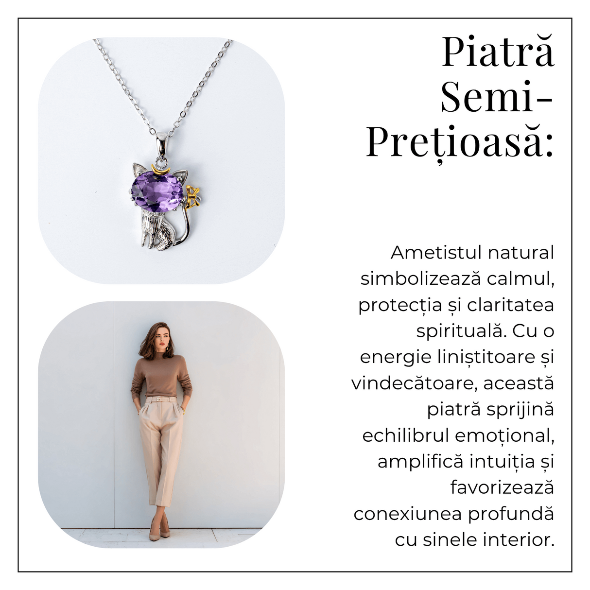 Colier Argint 925 cu Ametist Natural in Forma de Pisica - Claritate Spirituala si Protectie Energetica