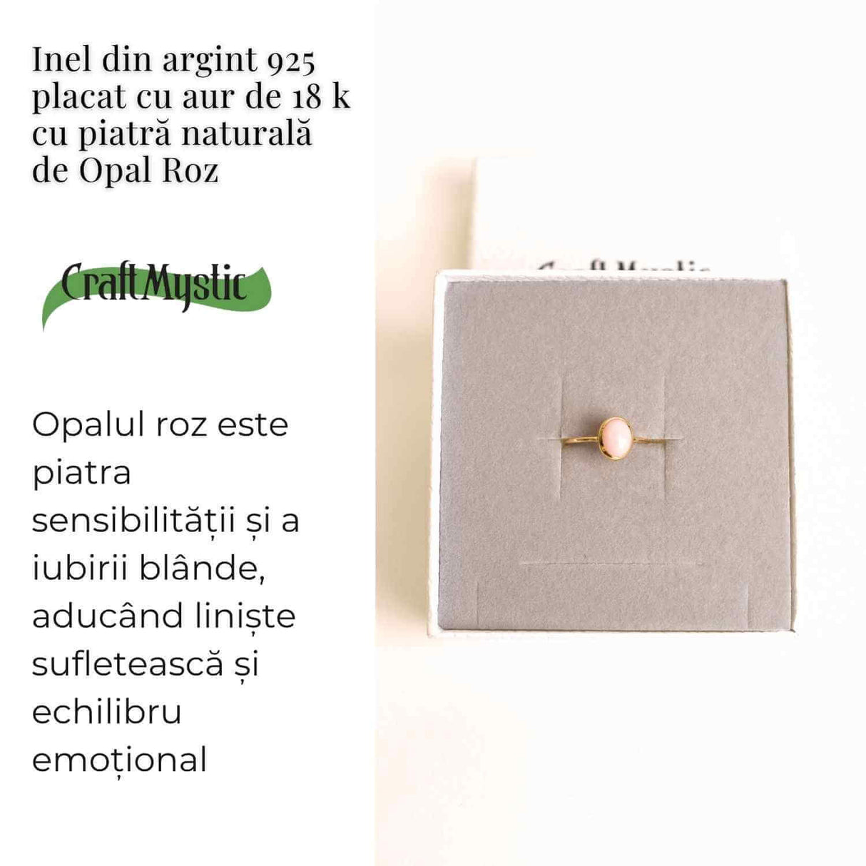 Inel Argint 925 placat cu Aur 18K cu Opal Roz Oval - Iubire, Vindecare si Blandete