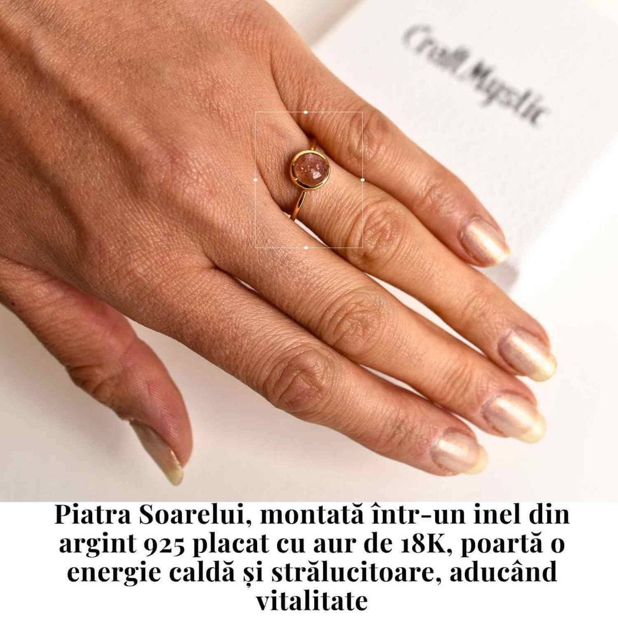Inel Argint 925 placat cu Aur 18K cu Piatra Soarelui Oval - Energie Pozitiva si Incredere Interioara