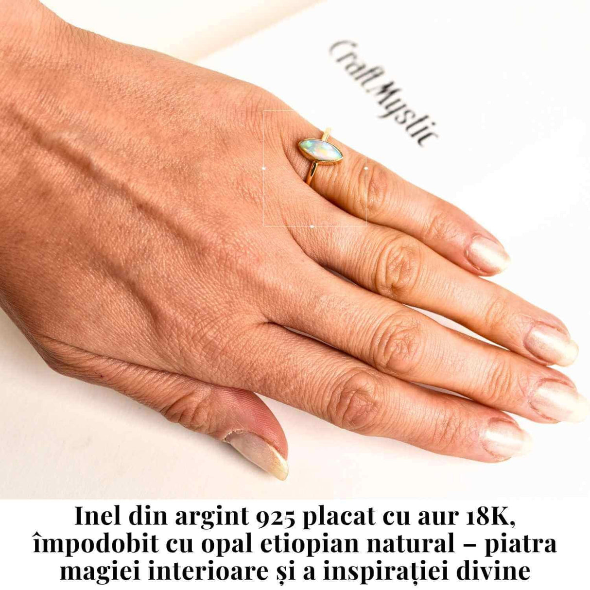 Inel din argint 925 placat cu aur 18K forma delica cu piatra naturala Opal Etiopian marquise