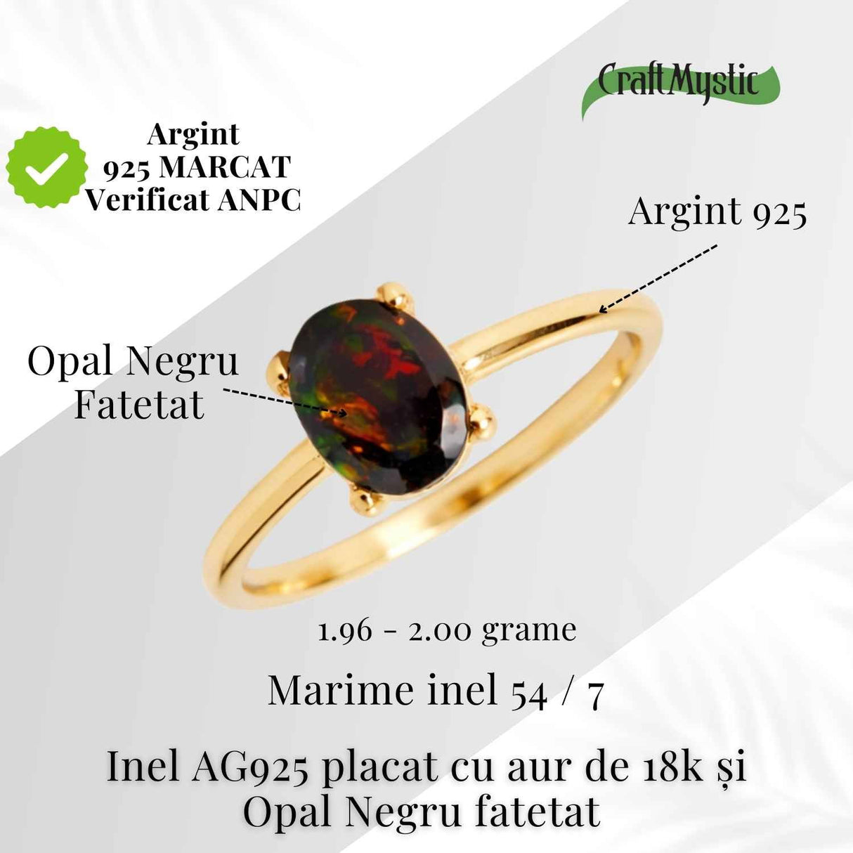 Inel Argint 925 placat cu aur 18K cu Opal Negru Fatetat oval- o reflexie profunda a intuitiei purtate cu gratie