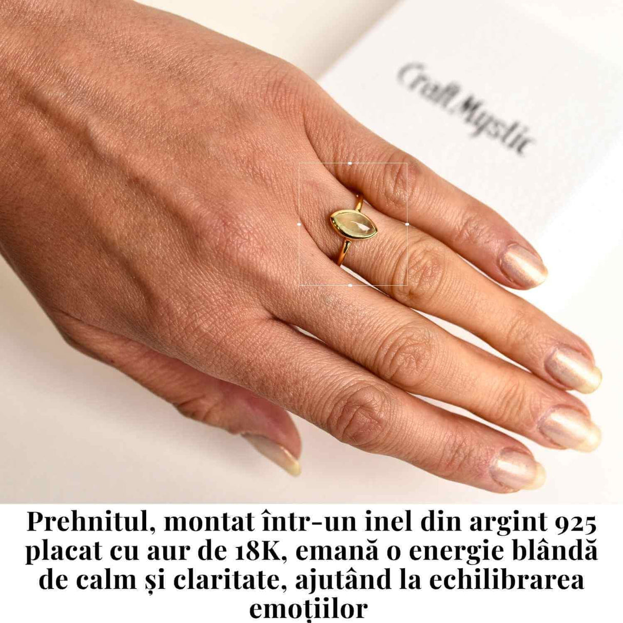 Inel Argint 925 placat cu aur 18K cu Prehnit forma delica - Liniste Interioara si Claritate Spirituala