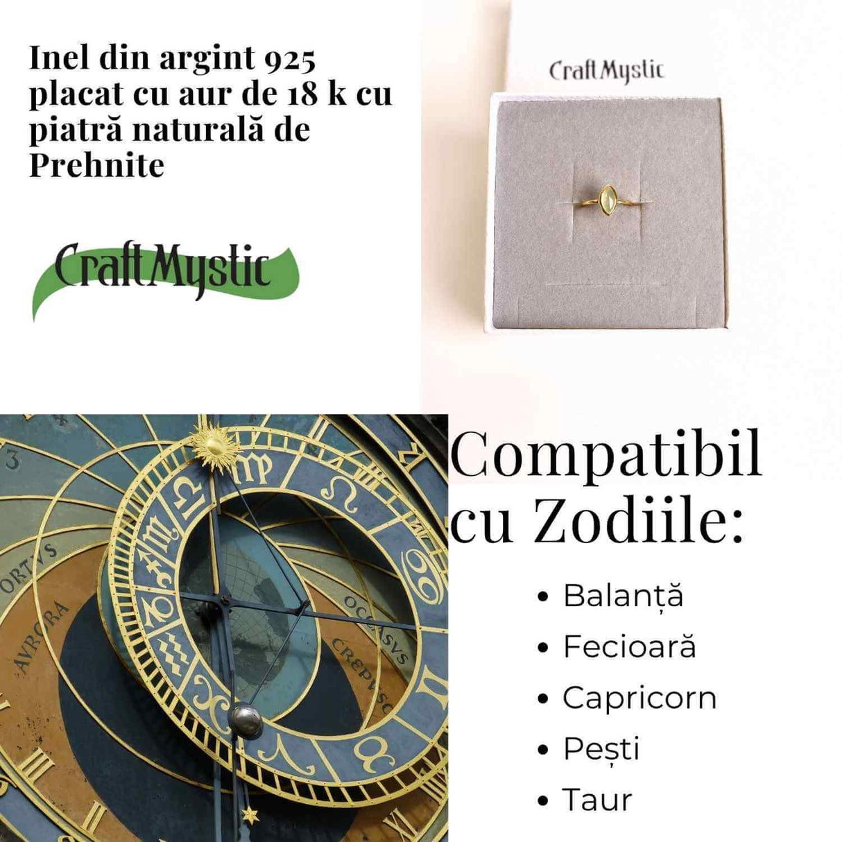 Inel Argint 925 placat cu aur 18K cu Prehnit forma delica - Liniste Interioara si Claritate Spirituala