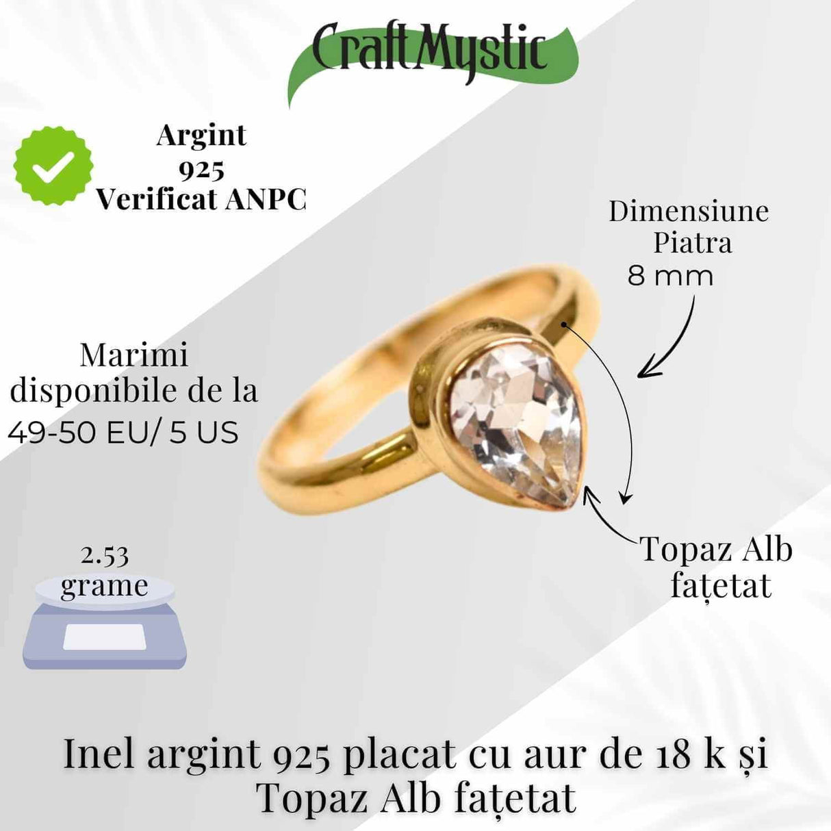 Inel argint 925 placat cu aur 18K cu Topaz Alb lacrima - Claritate si Renastere
