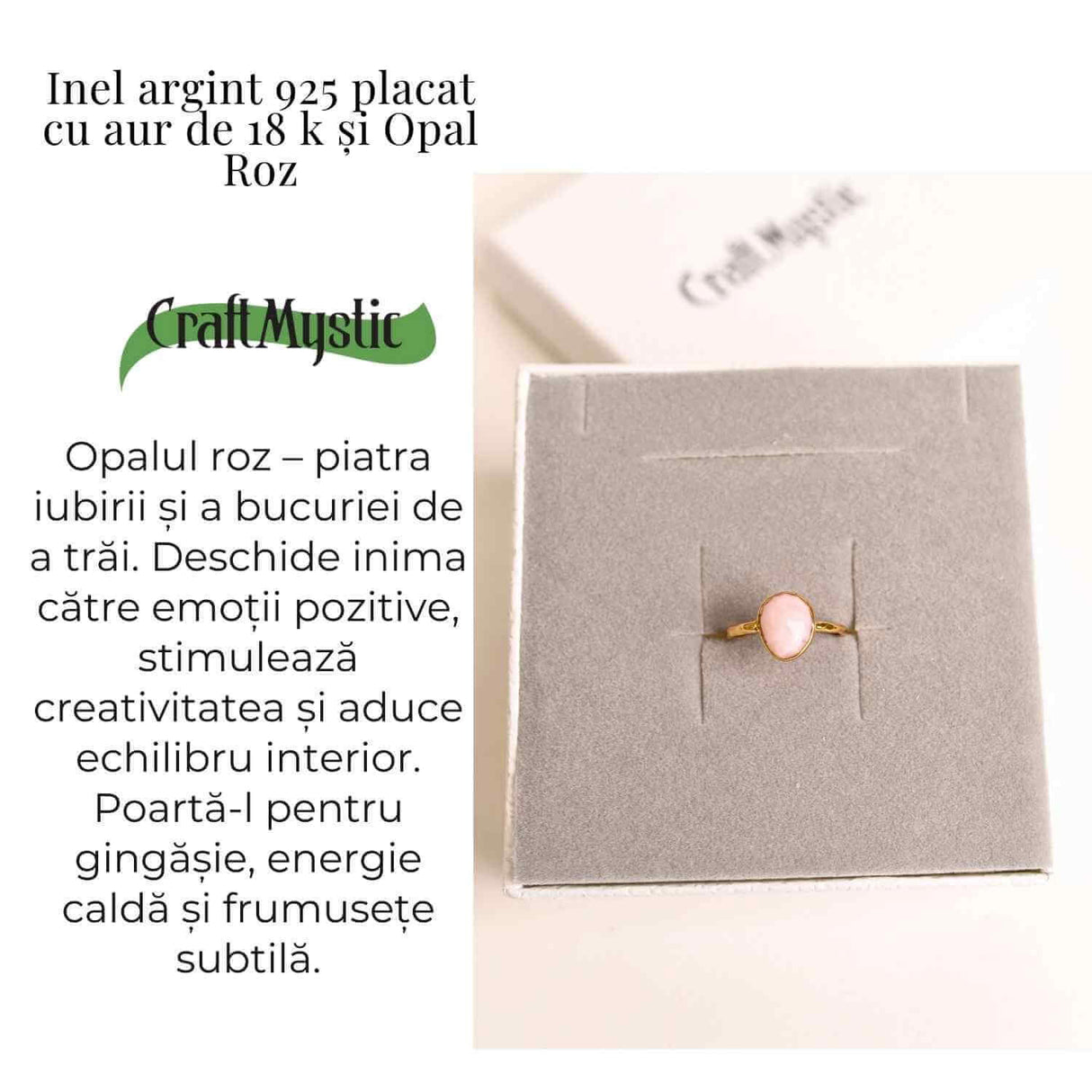 Inel argint 925 placat cu aur 18K si Opal Roz fatetat - Iubire, creativitate si echilibru